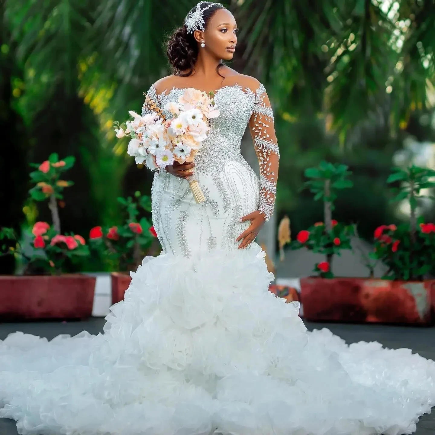 Ruffled African Wedding Dresses Black Girls Mermaid Long Sleeves Beaded Aso Ebi Women Bridal Gowns Vestido De Novia Customized