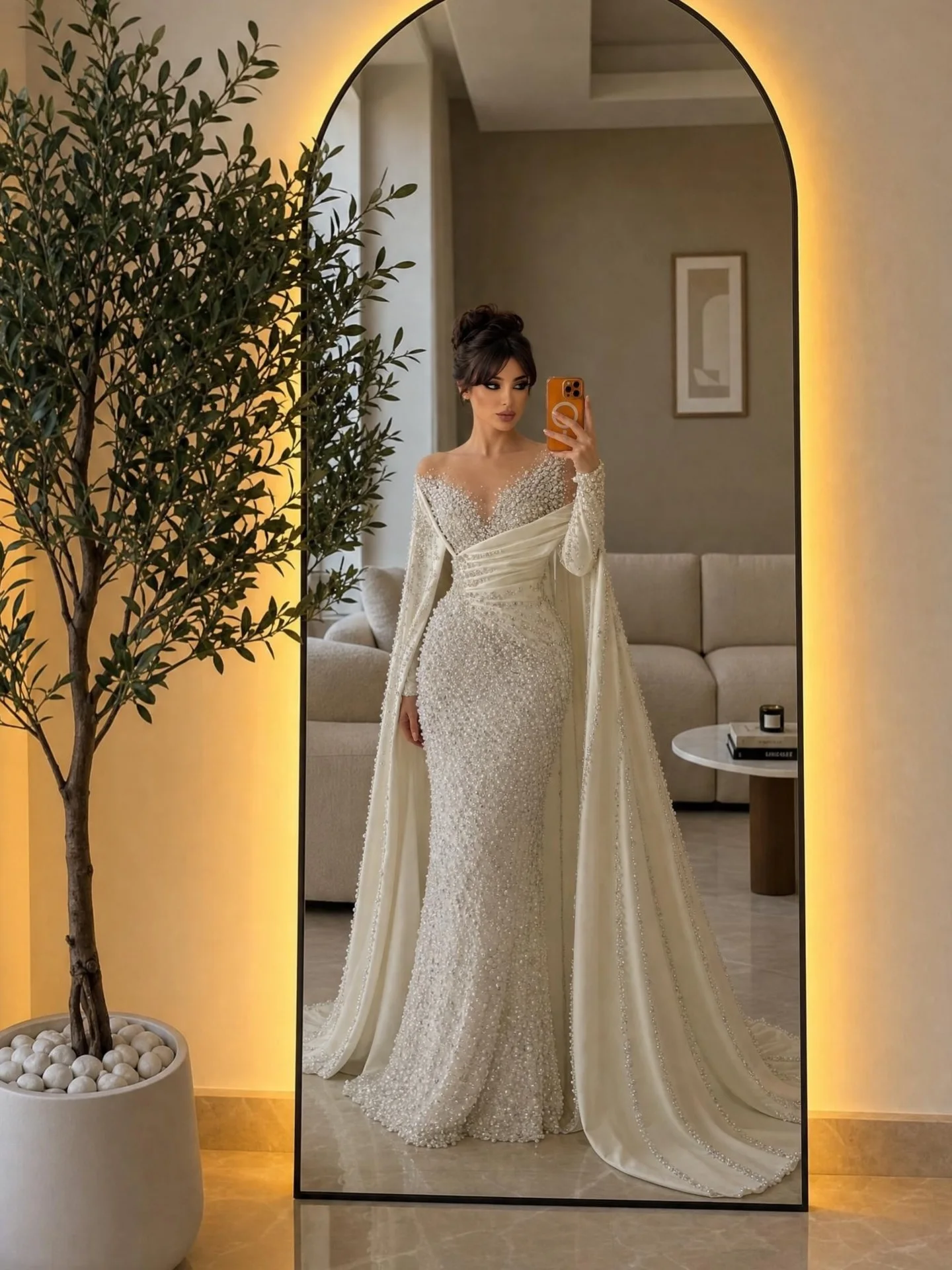 Elegant Pearls Wedding Dresses O Neck Mermaid Bridal Gowns with Cape Long Sleeve Customized Vestidos De Novia