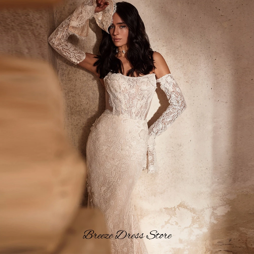Fashion Mermaid Sleeveless Bridal Gowns Customized Delicate Appliques Lace Wedding Dress Dreamy Handmade Flowers Robe de mariée