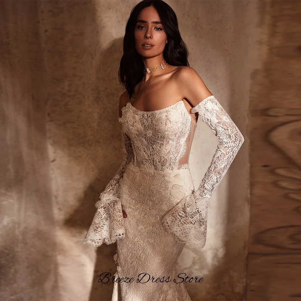 Fashion Mermaid Sleeveless Bridal Gowns Customized Delicate Appliques Lace Wedding Dress Dreamy Handmade Flowers Robe de mariée