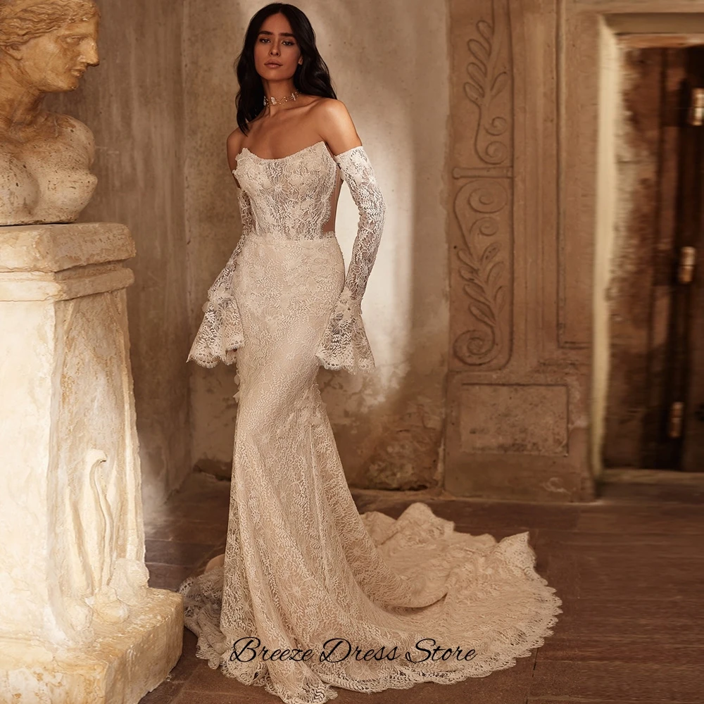 Fashion Mermaid Sleeveless Bridal Gowns Customized Delicate Appliques Lace Wedding Dress Dreamy Handmade Flowers Robe de mariée