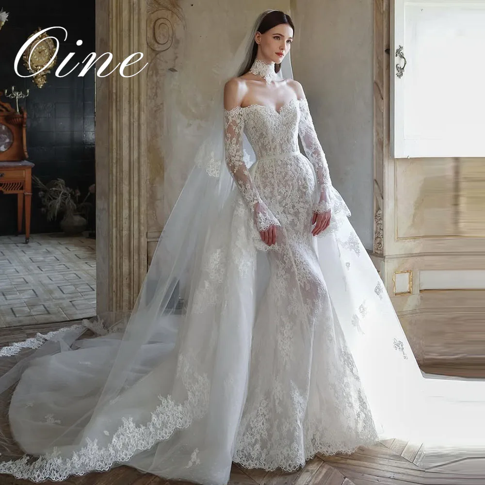 Oine 2026 Enchanting Lace Mermaid Wedding Dresses Off-the-Shoulder Full Sleeves Removable Train 2 In 1 Bride Gowns Customized