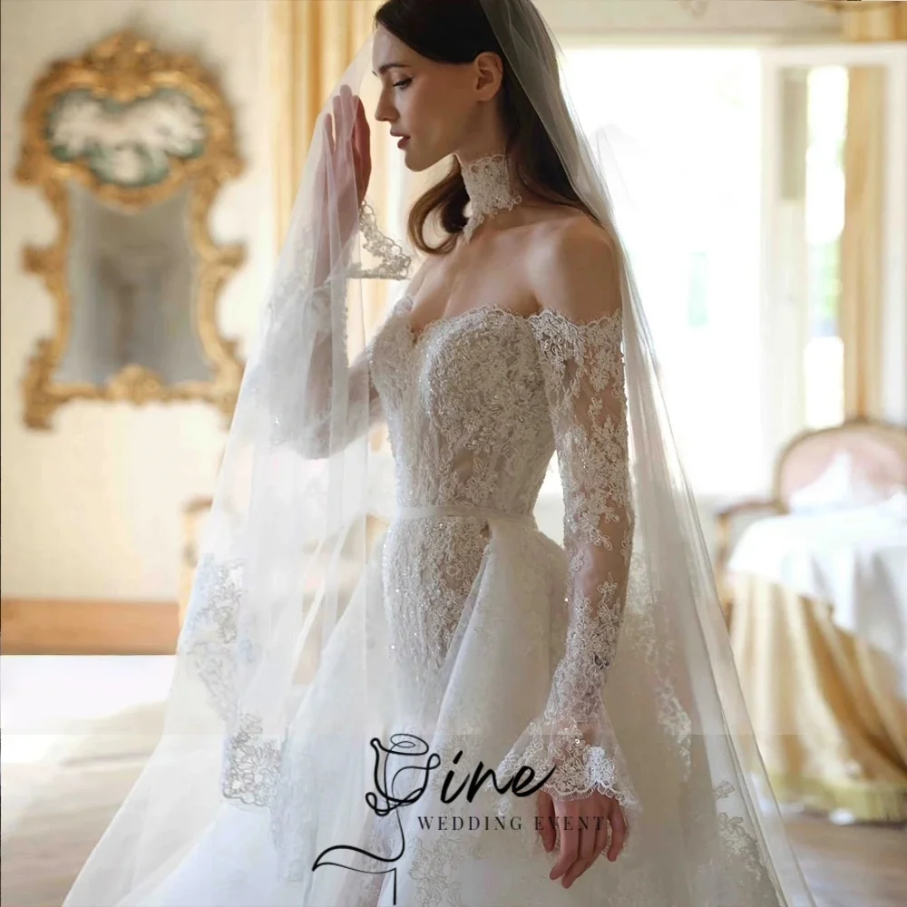 Oine 2026 Enchanting Lace Mermaid Wedding Dresses Off-the-Shoulder Full Sleeves Removable Train 2 In 1 Bride Gowns Customized