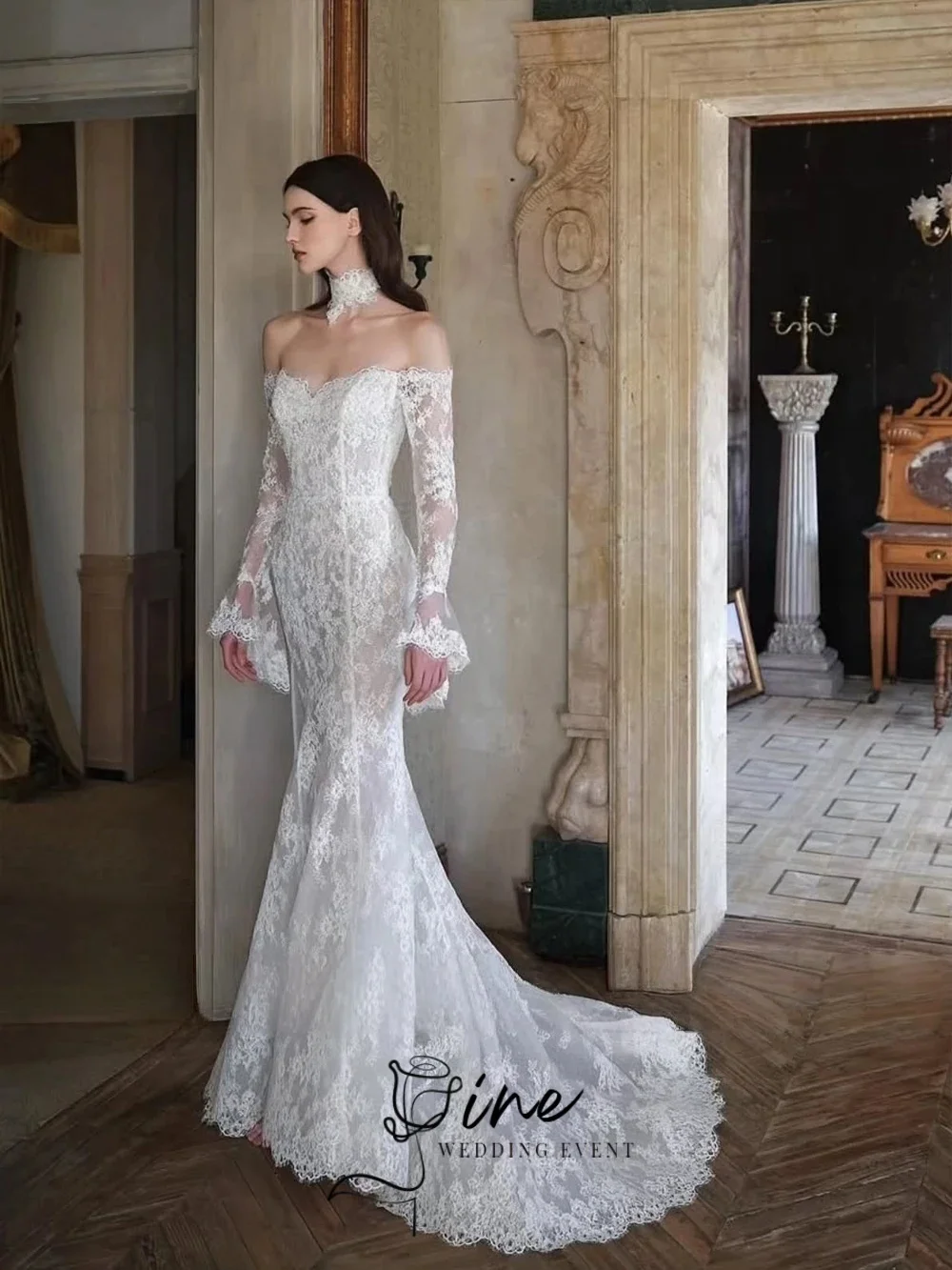 Oine 2026 Enchanting Lace Mermaid Wedding Dresses Off-the-Shoulder Full Sleeves Removable Train 2 In 1 Bride Gowns Customized