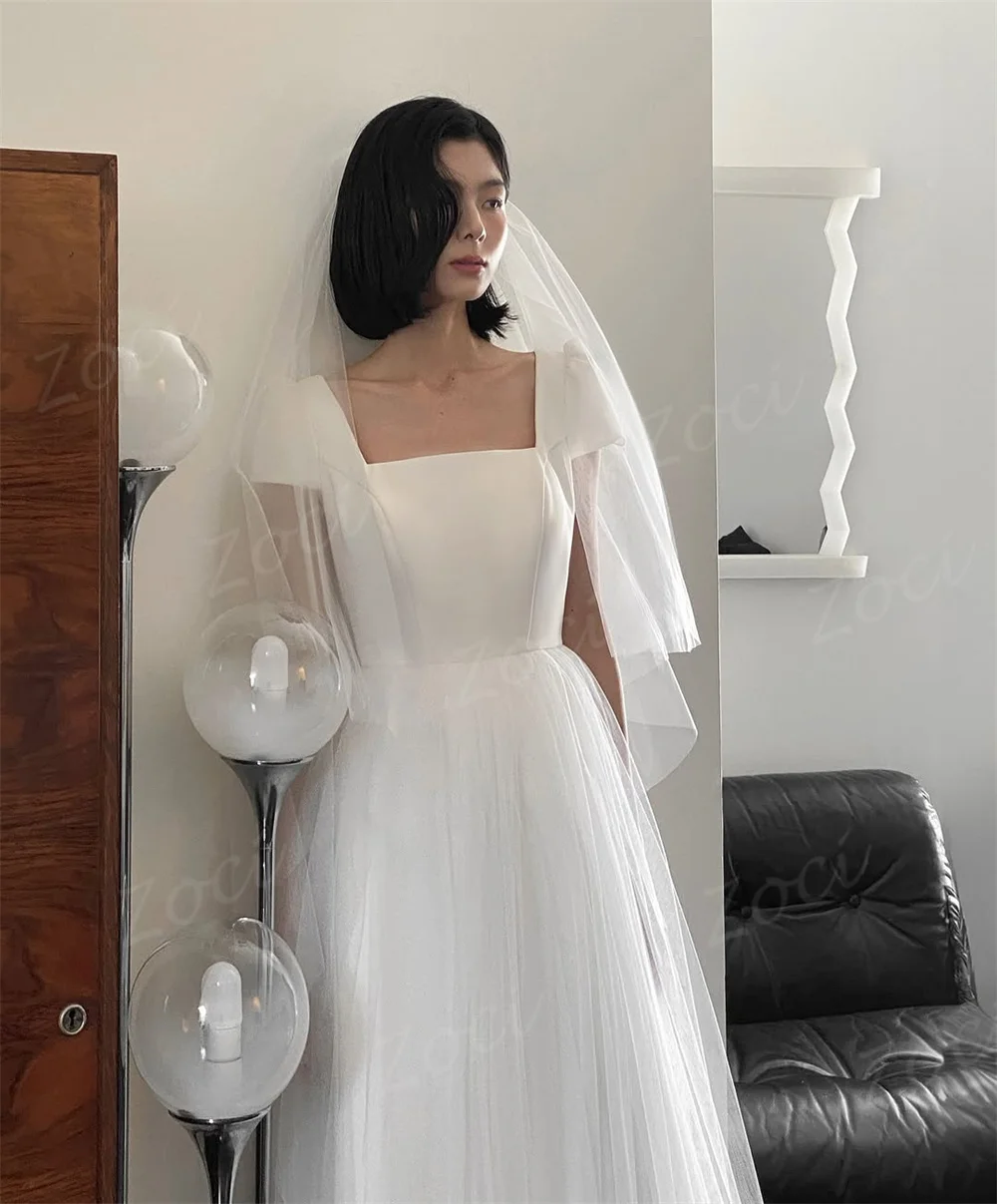 Zoci Korean Wedding Dresses Square Collar Short Sleeves Bridal Gown A-Line Floor-Length Bridal Gown Customized Evening Dresses