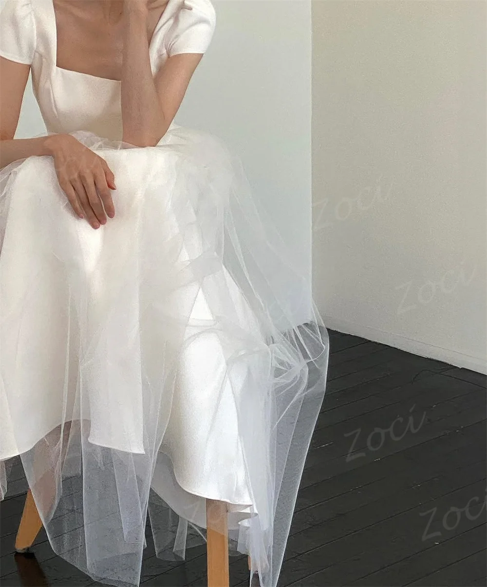 Zoci Korean Wedding Dresses Square Collar Short Sleeves Bridal Gown A-Line Floor-Length Bridal Gown Customized Evening Dresses