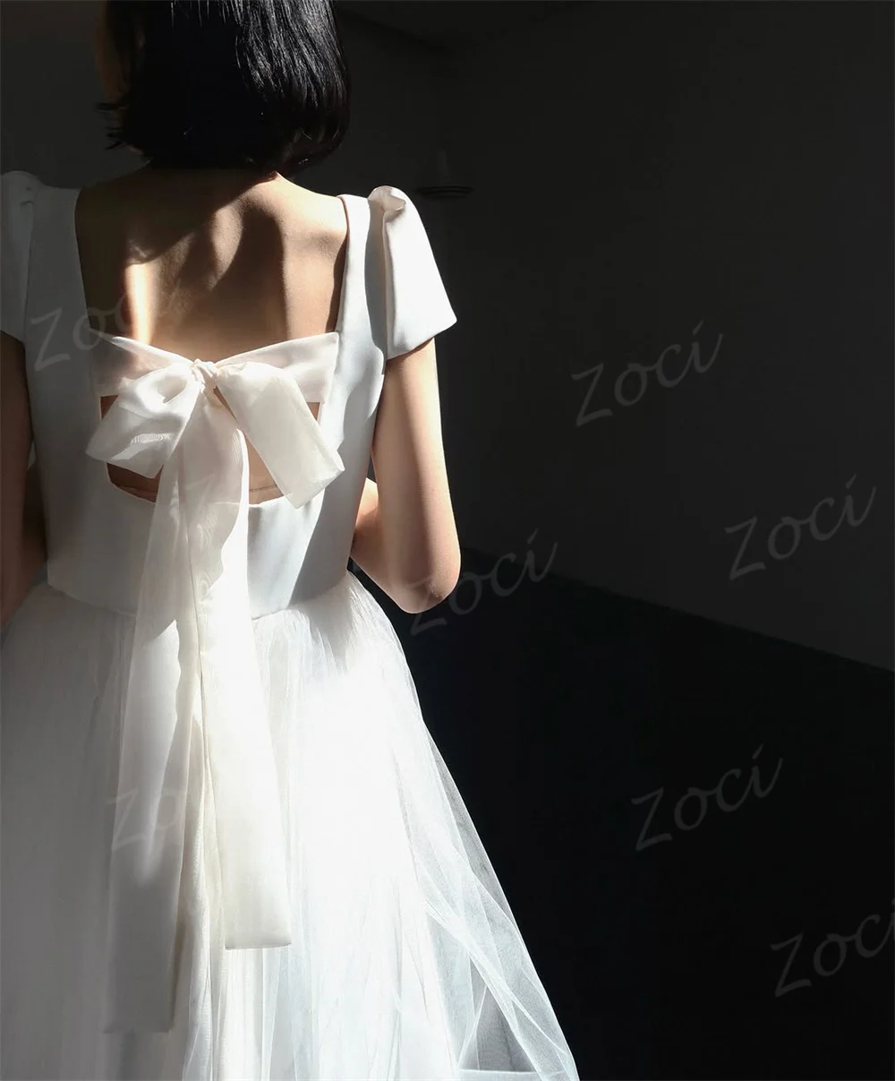 Zoci Korean Wedding Dresses Square Collar Short Sleeves Bridal Gown A-Line Floor-Length Bridal Gown Customized Evening Dresses