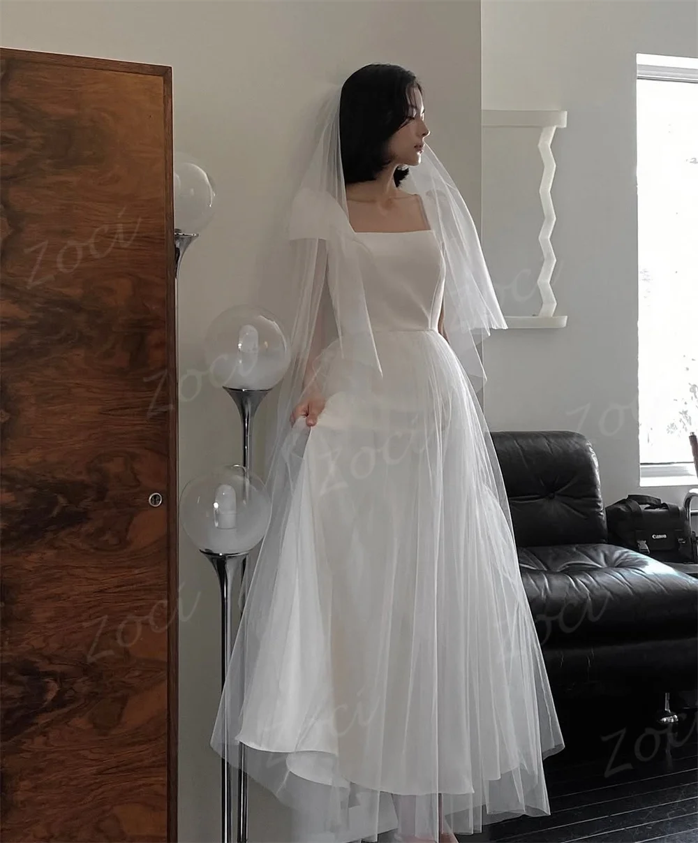Zoci Korean Wedding Dresses Square Collar Short Sleeves Bridal Gown A-Line Floor-Length Bridal Gown Customized Evening Dresses