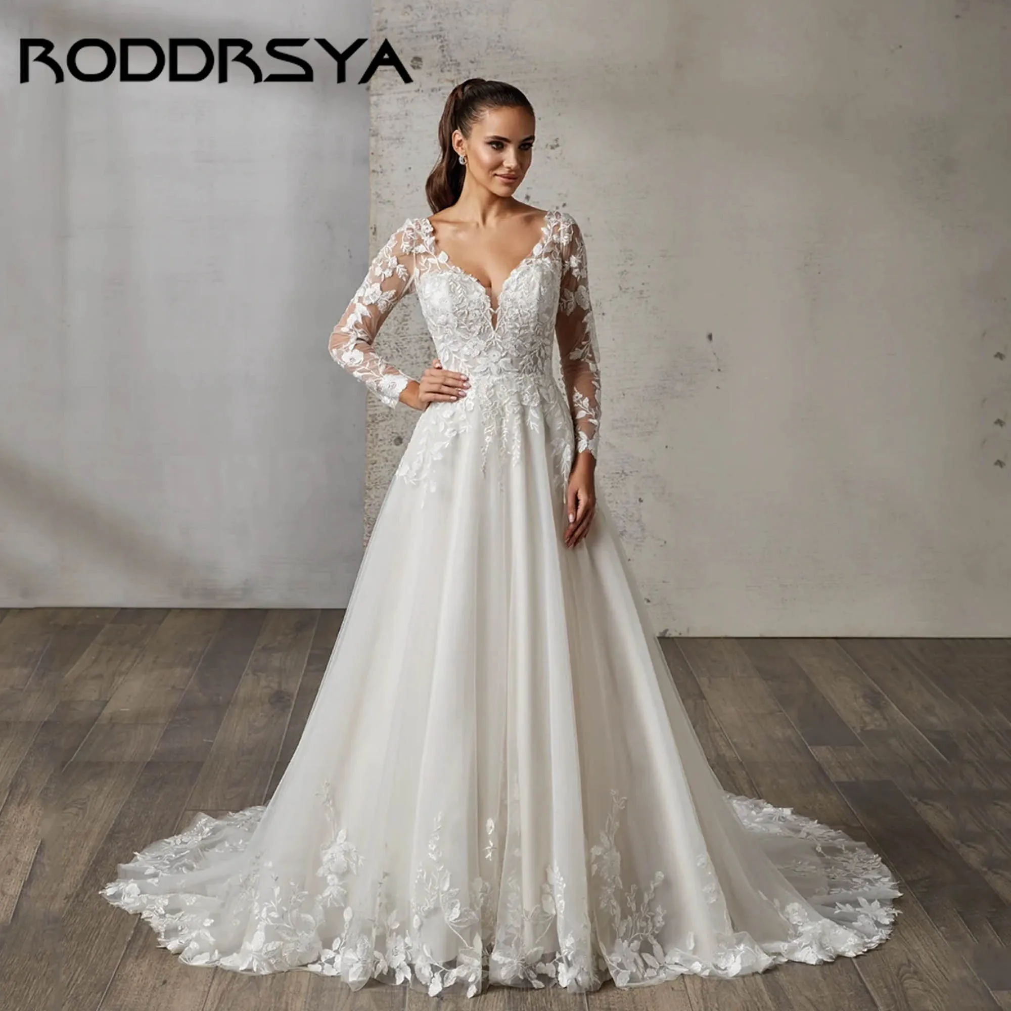 RODDRSYA Dreamy A-line Wedding Dress With Long Sleeves Illusion Back Bridal Gowns V-neck Appliques vestidos de novia Customized