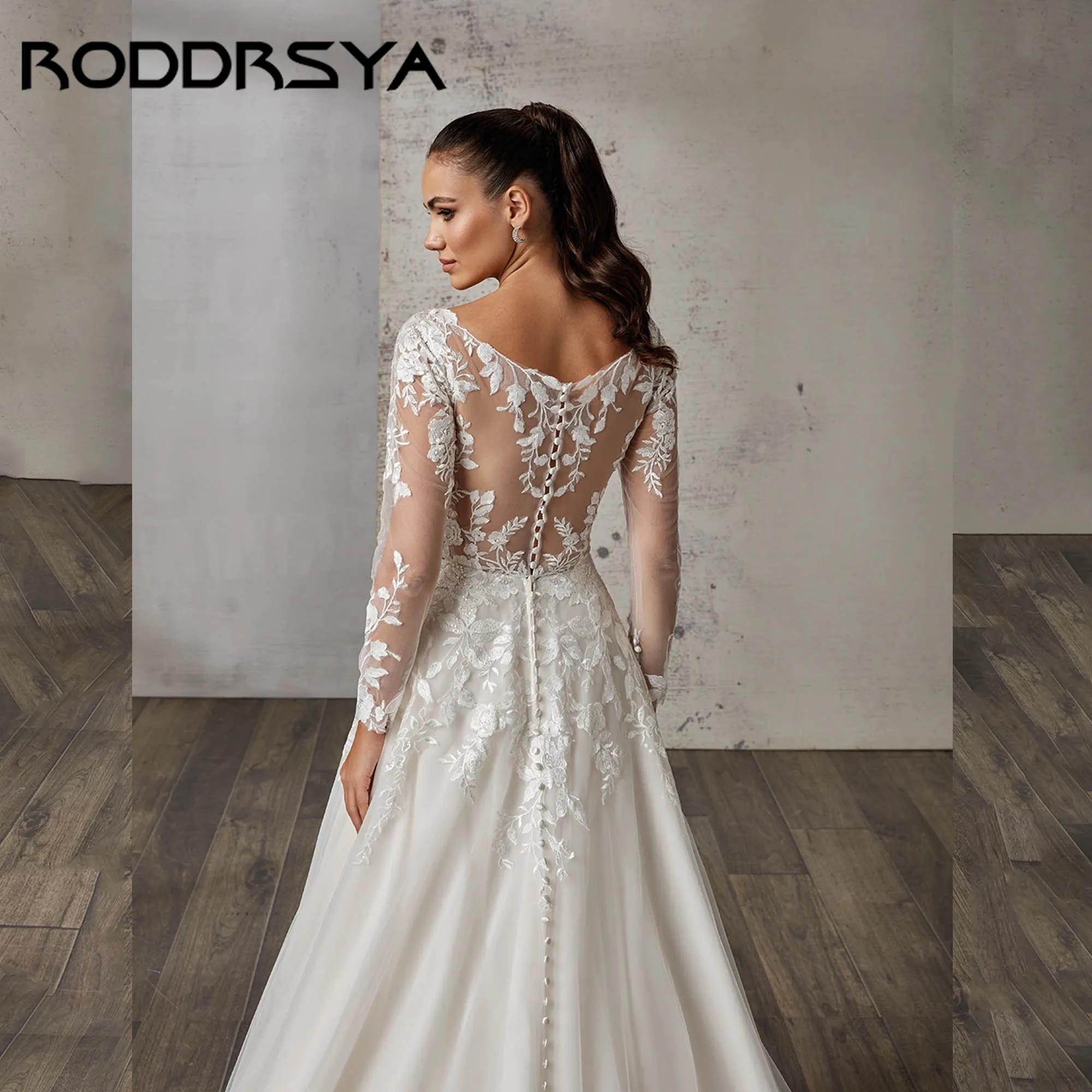 RODDRSYA Dreamy A-line Wedding Dress With Long Sleeves Illusion Back Bridal Gowns V-neck Appliques vestidos de novia Customized
