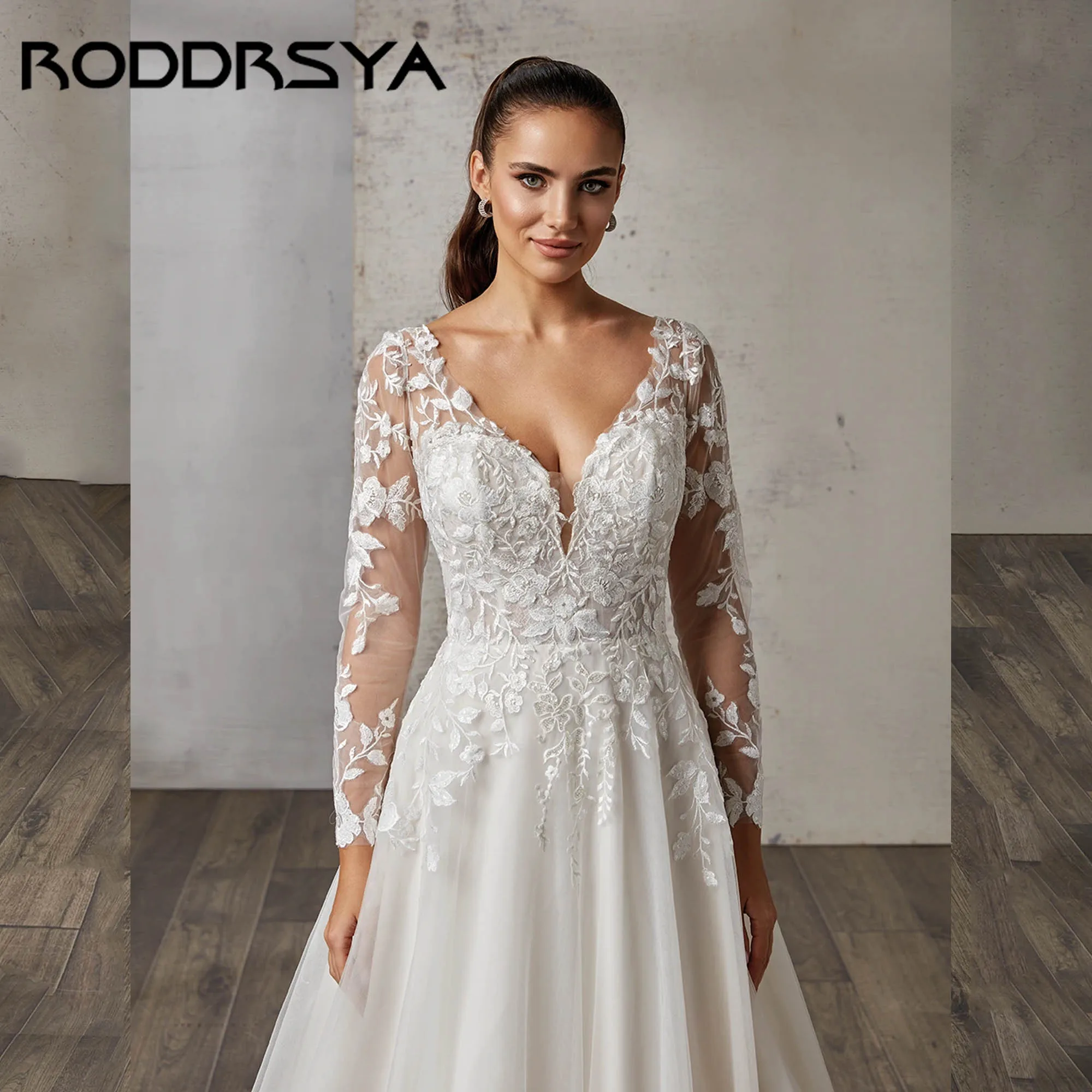 RODDRSYA Dreamy A-line Wedding Dress With Long Sleeves Illusion Back Bridal Gowns V-neck Appliques vestidos de novia Customized