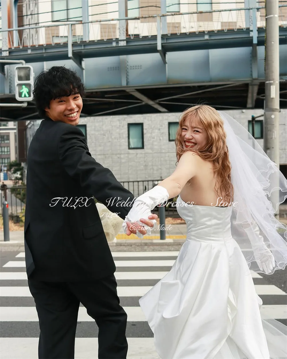 TULX Simple Short Wedding Photo Shoot Dress Strapless Tulle Satin Korea Bridal Gowns Mini Above Knee Corset 웨딩드레스 Customized
