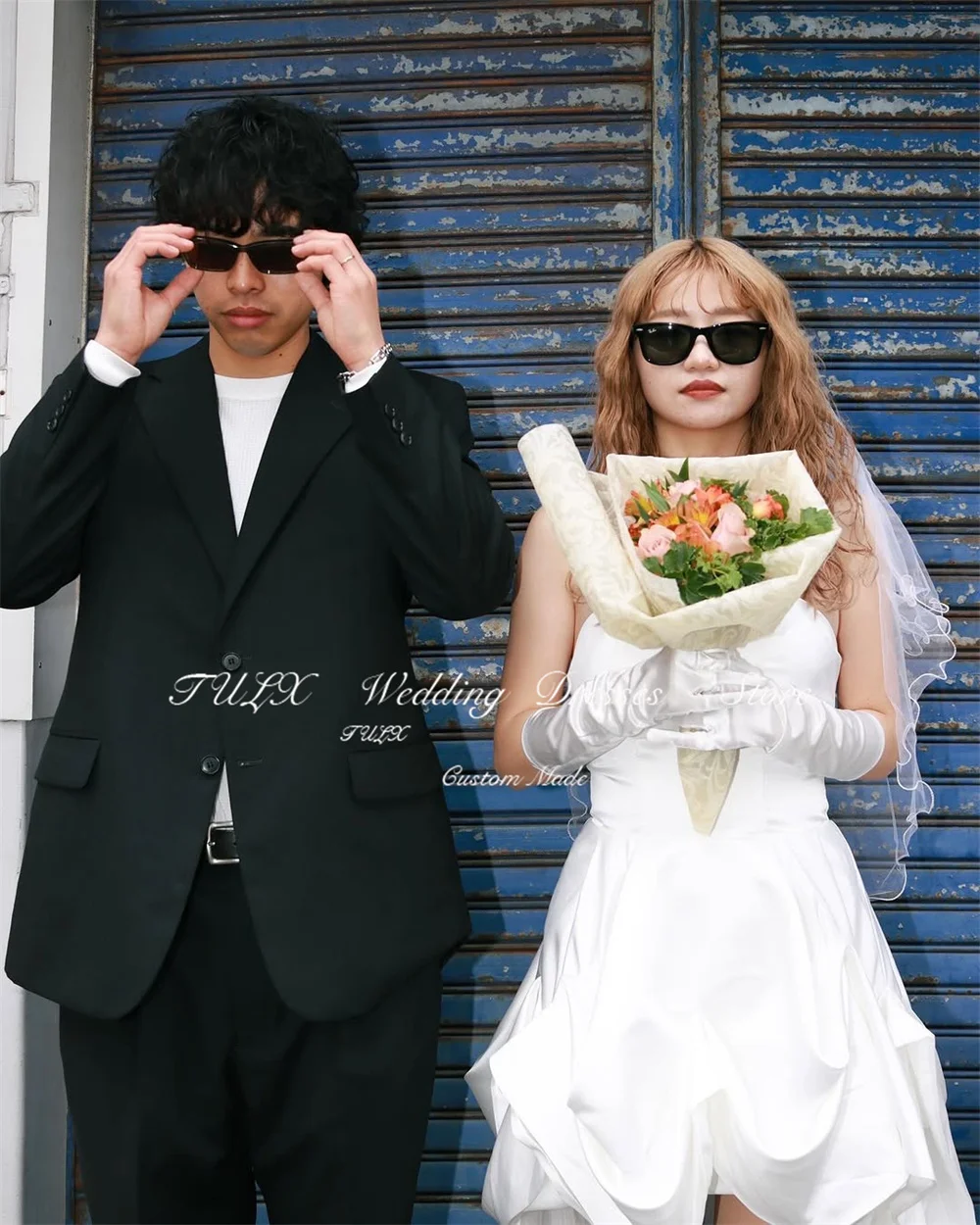 TULX Simple Short Wedding Photo Shoot Dress Strapless Tulle Satin Korea Bridal Gowns Mini Above Knee Corset 웨딩드레스 Customized