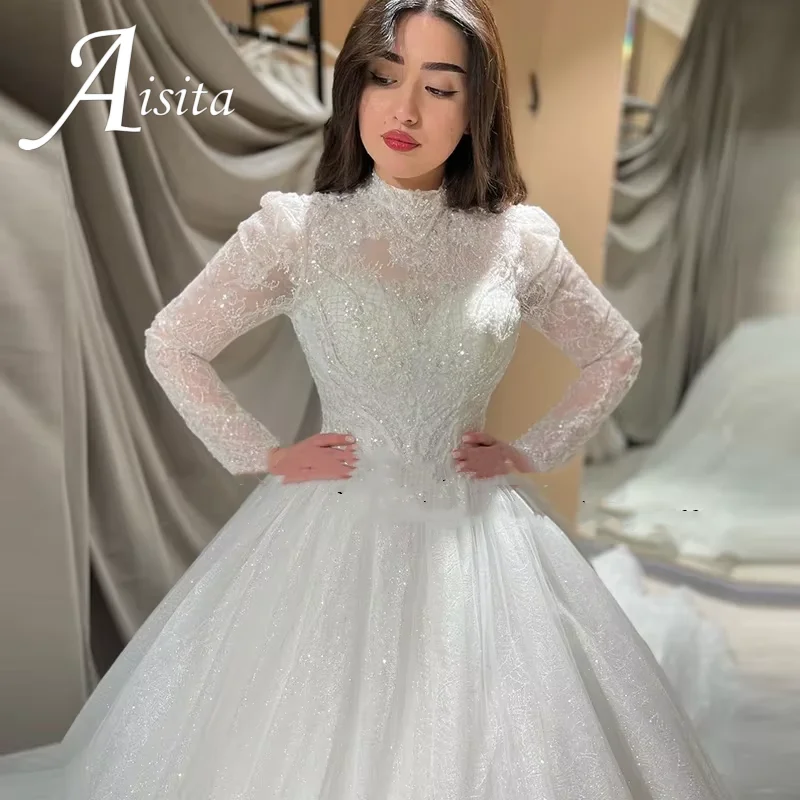 Luxury 2025 Wedding Dress High Neck Long Sleeves Lace Appliques Sequins Bride Gowns Robe Mariage Vestidos De Novia customized