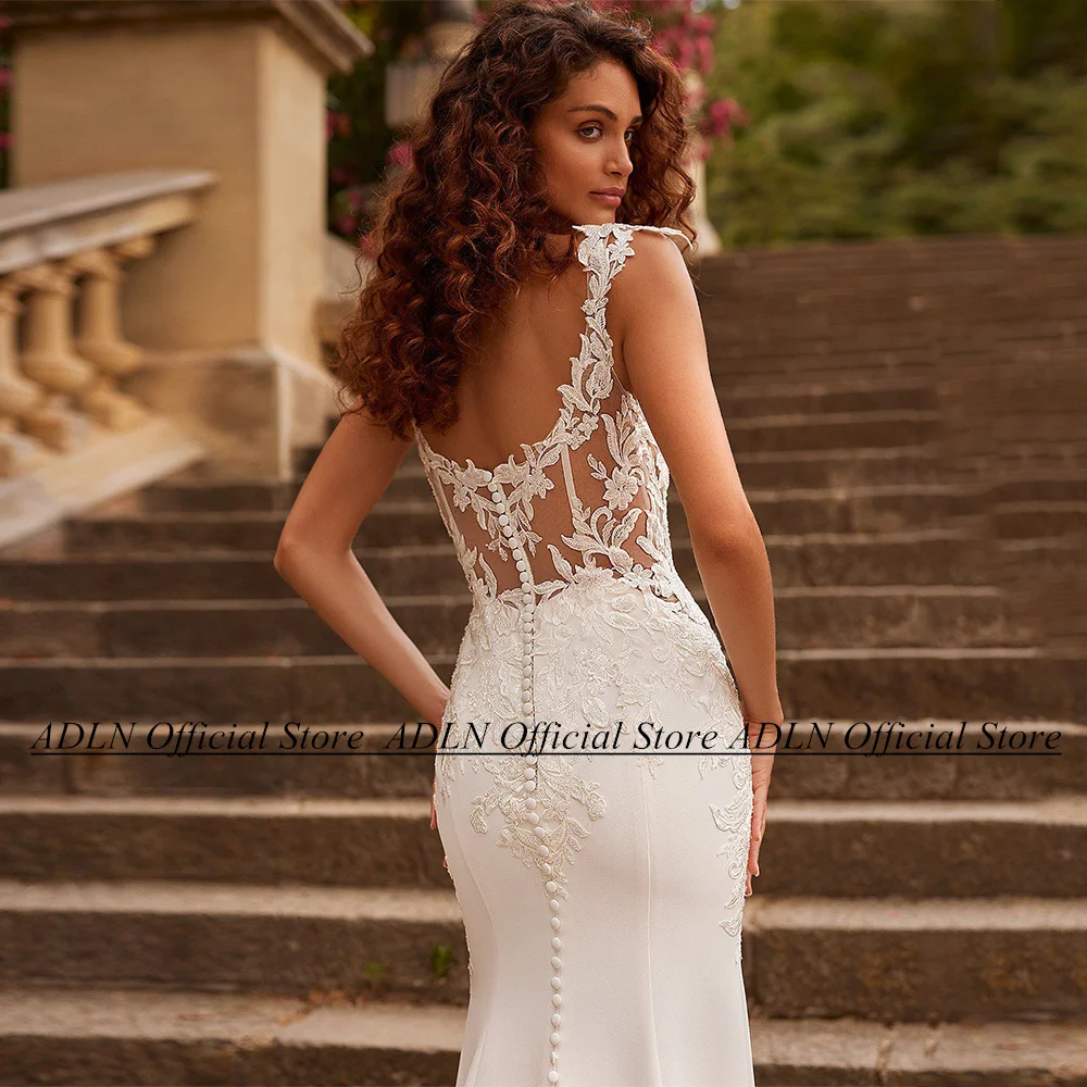 ADLN Vestido De Noiva Wedding Dress Mermaid Customized Cap Sleeve V Neck Applique Illusion Back Buttons Court Train Bridal Gowns