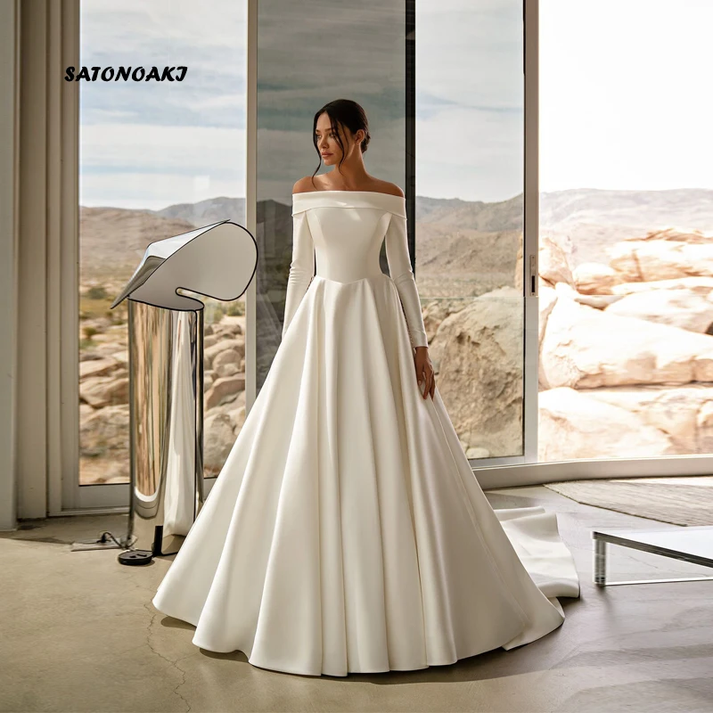 Customized Elegant Off Shoulder Ivory Satin Wedding Dress for Bride Long Sleeves A-Line Bride Gown Court Train Vestidos De Novia