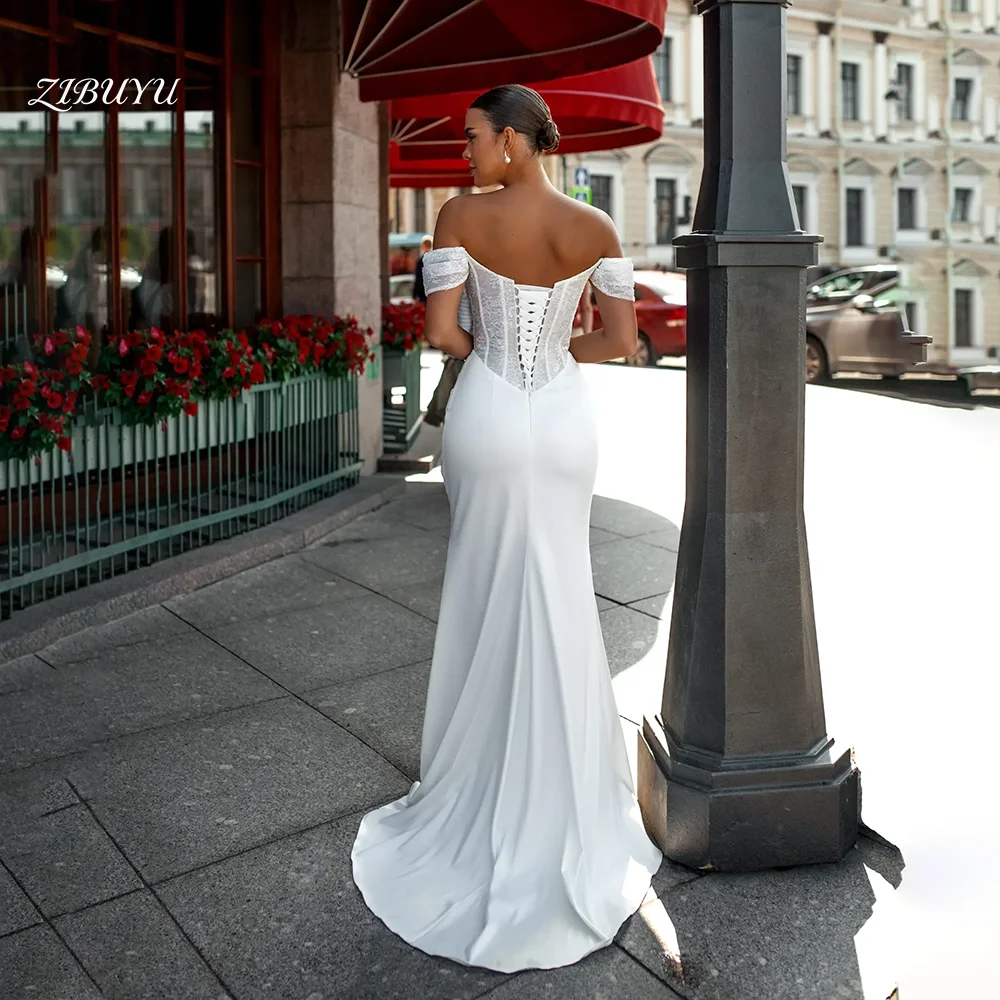 ZIBUYU Customized Mermaid Elegant Luxury Wedding Dress Off Shoulder Sweetheart Neck Sleeveless Backless Floor Length Bridal Gown