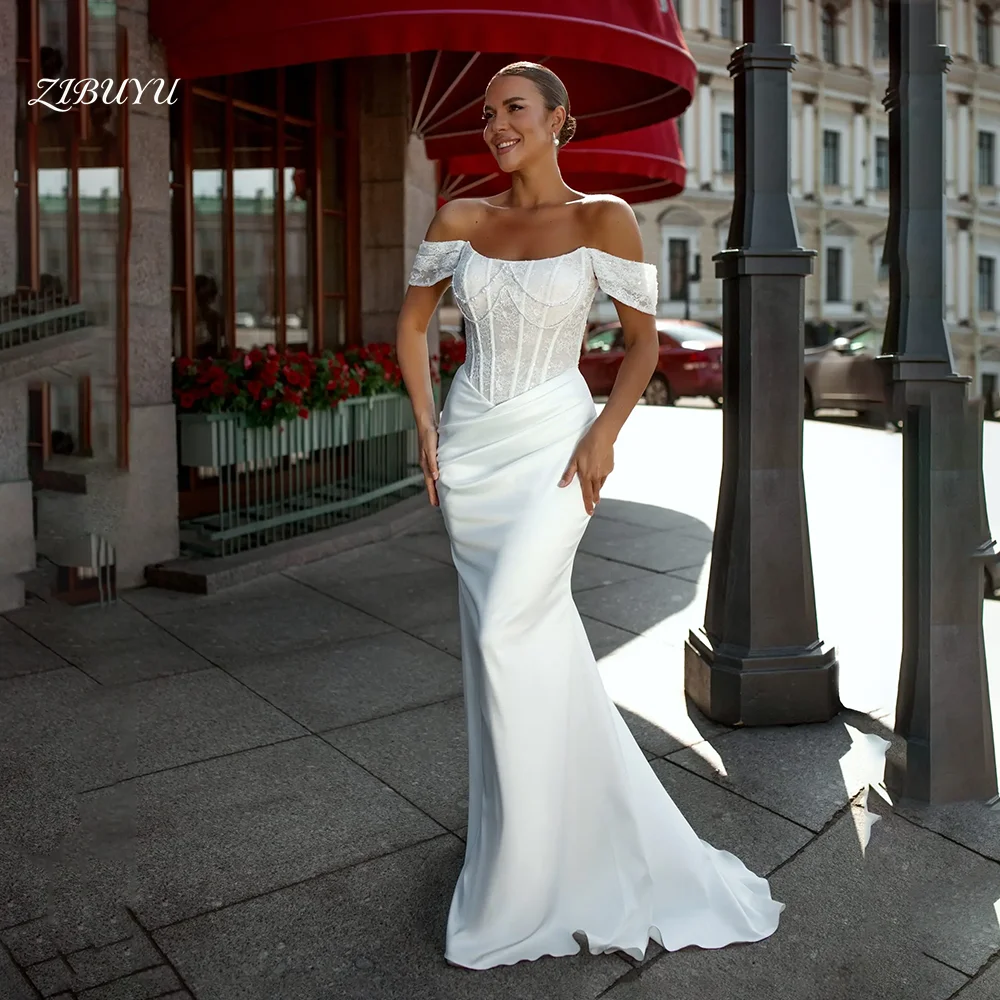 ZIBUYU Customized Mermaid Elegant Luxury Wedding Dress Off Shoulder Sweetheart Neck Sleeveless Backless Floor Length Bridal Gown
