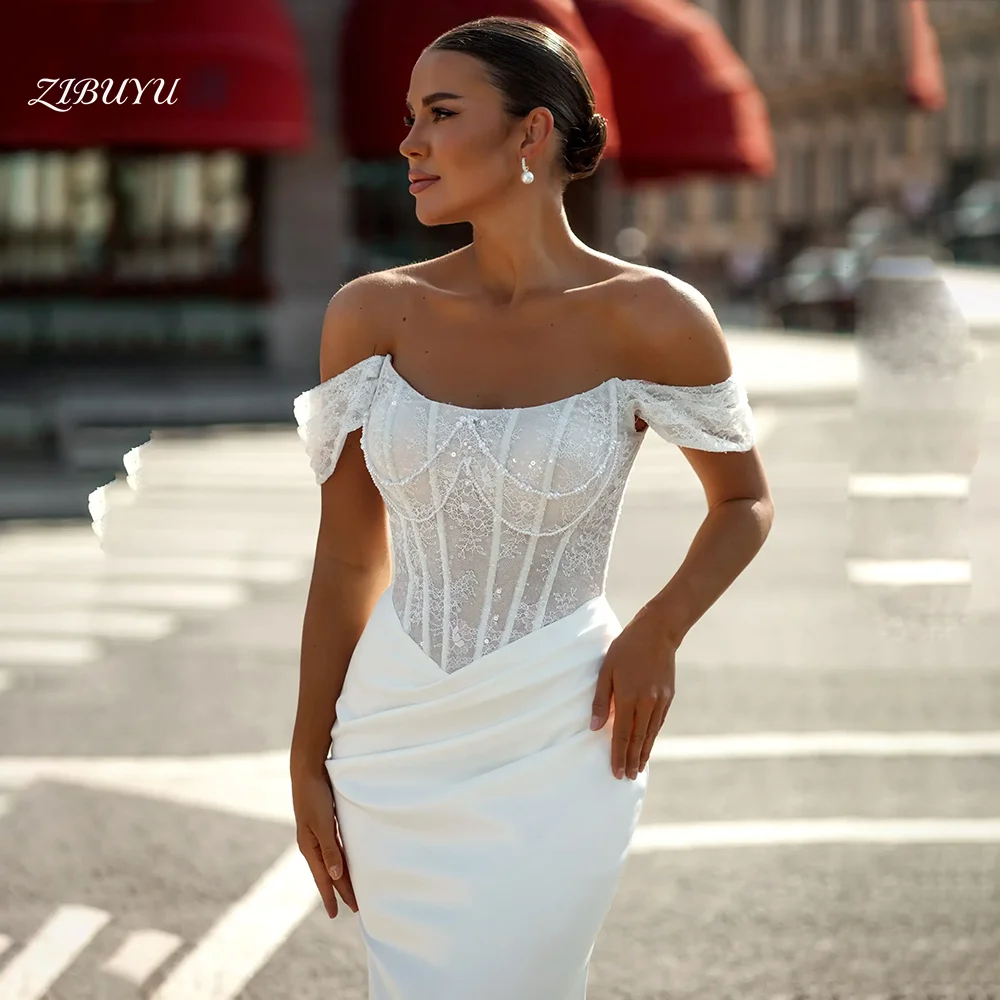ZIBUYU Customized Mermaid Elegant Luxury Wedding Dress Off Shoulder Sweetheart Neck Sleeveless Backless Floor Length Bridal Gown