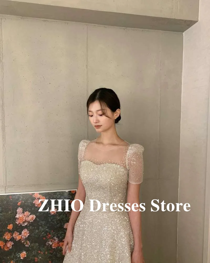 ZHIO Sparkly Glitter Wedding Dresses Korea Photo shoot Short Sleeves Square Neck Tulle Bride Gowns Shiny Evening Customized