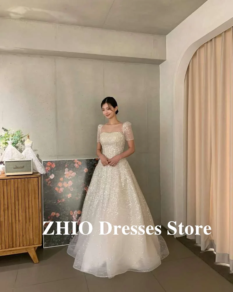 ZHIO Sparkly Glitter Wedding Dresses Korea Photo shoot Short Sleeves Square Neck Tulle Bride Gowns Shiny Evening Customized