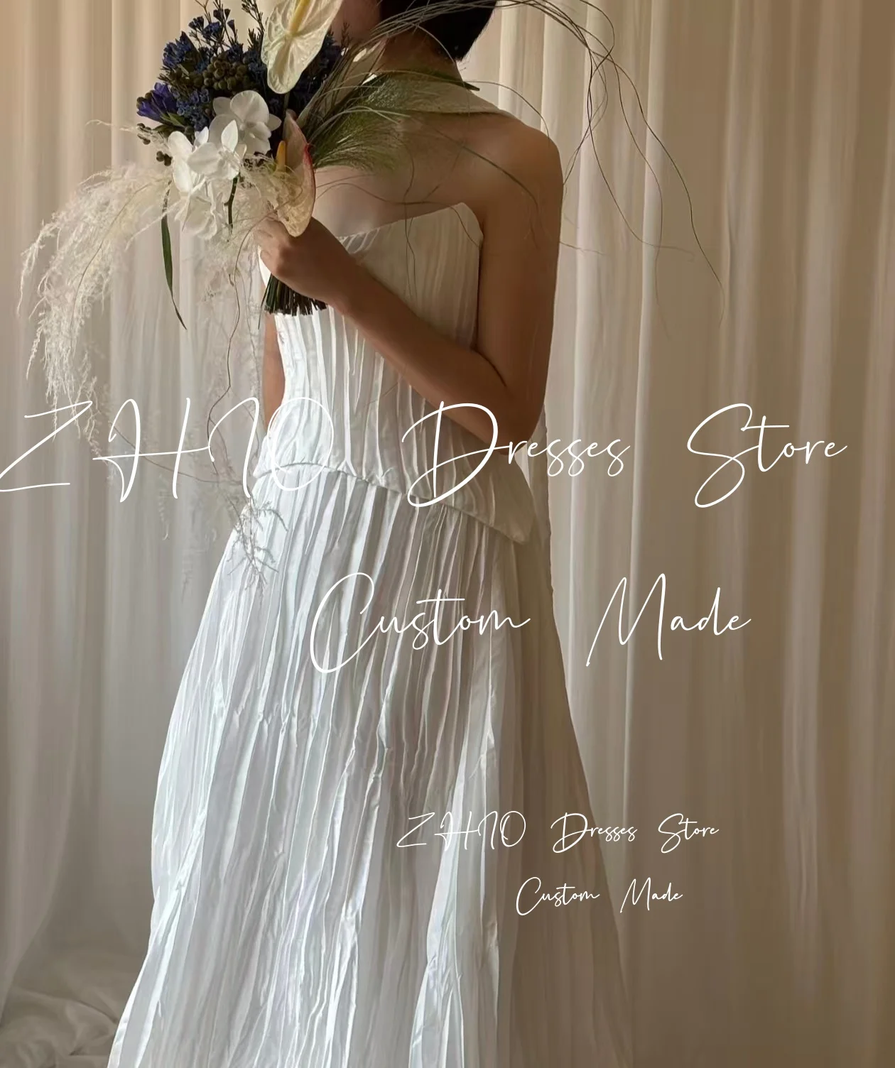 ZHIO Modern Pleat Wedding Party Dress Strapless Tiered White Satin Korea Photo Shoot Bridal Reception Gown Customized웨딩드레스