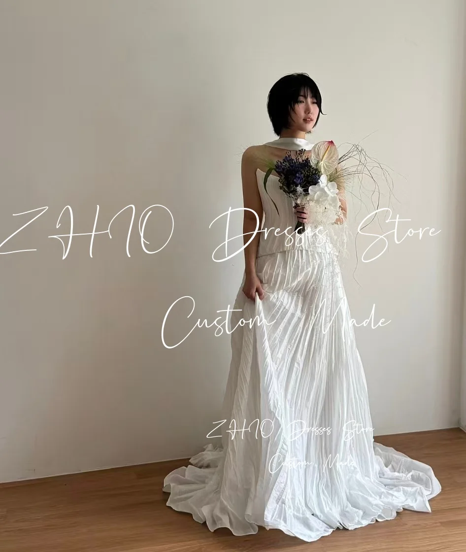 ZHIO Modern Pleat Wedding Party Dress Strapless Tiered White Satin Korea Photo Shoot Bridal Reception Gown Customized웨딩드레스