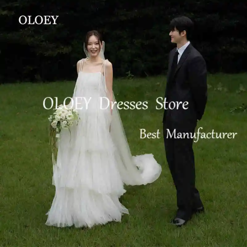 OLOEY Soft Layered Tulle Floor Length Wedding Dresses Korea Photoshoot Spaghetti Straps Bridal Gown Vestido De Noiva 2025