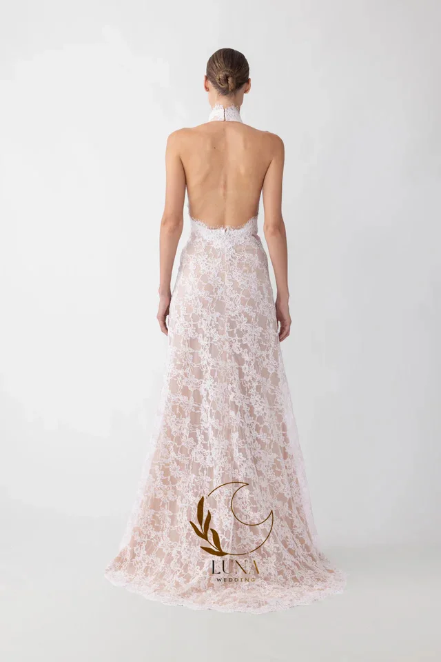 Luna Customized Vintage Halter Lace Wedding Dress Mermaid Elgant Sleeveless Appliques Side High Slit Bridal Gown Bride Gown