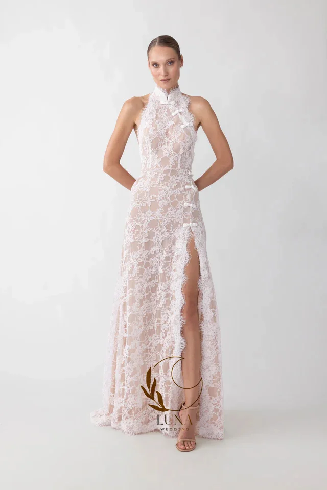 Luna Customized Vintage Halter Lace Wedding Dress Mermaid Elgant Sleeveless Appliques Side High Slit Bridal Gown Bride Gown