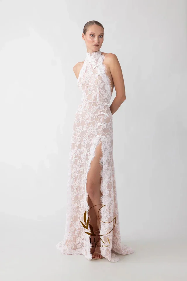 Luna Customized Vintage Halter Lace Wedding Dress Mermaid Elgant Sleeveless Appliques Side High Slit Bridal Gown Bride Gown