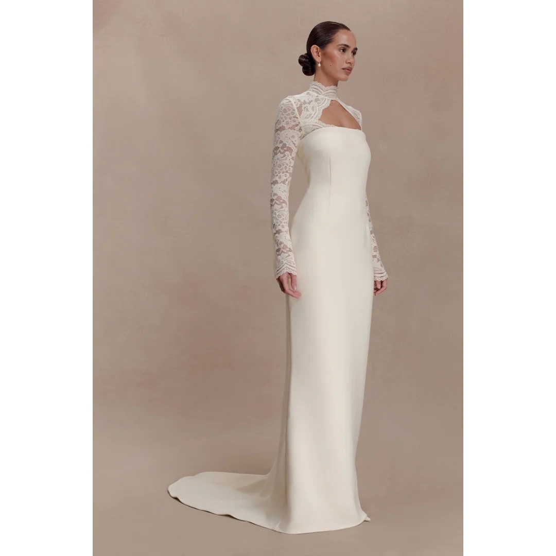 Rebecca Customized High Neck Lace Embroidery Prom Dress Floor-Length vestidos de noche Waist Cinching Elegant Evening Dresses