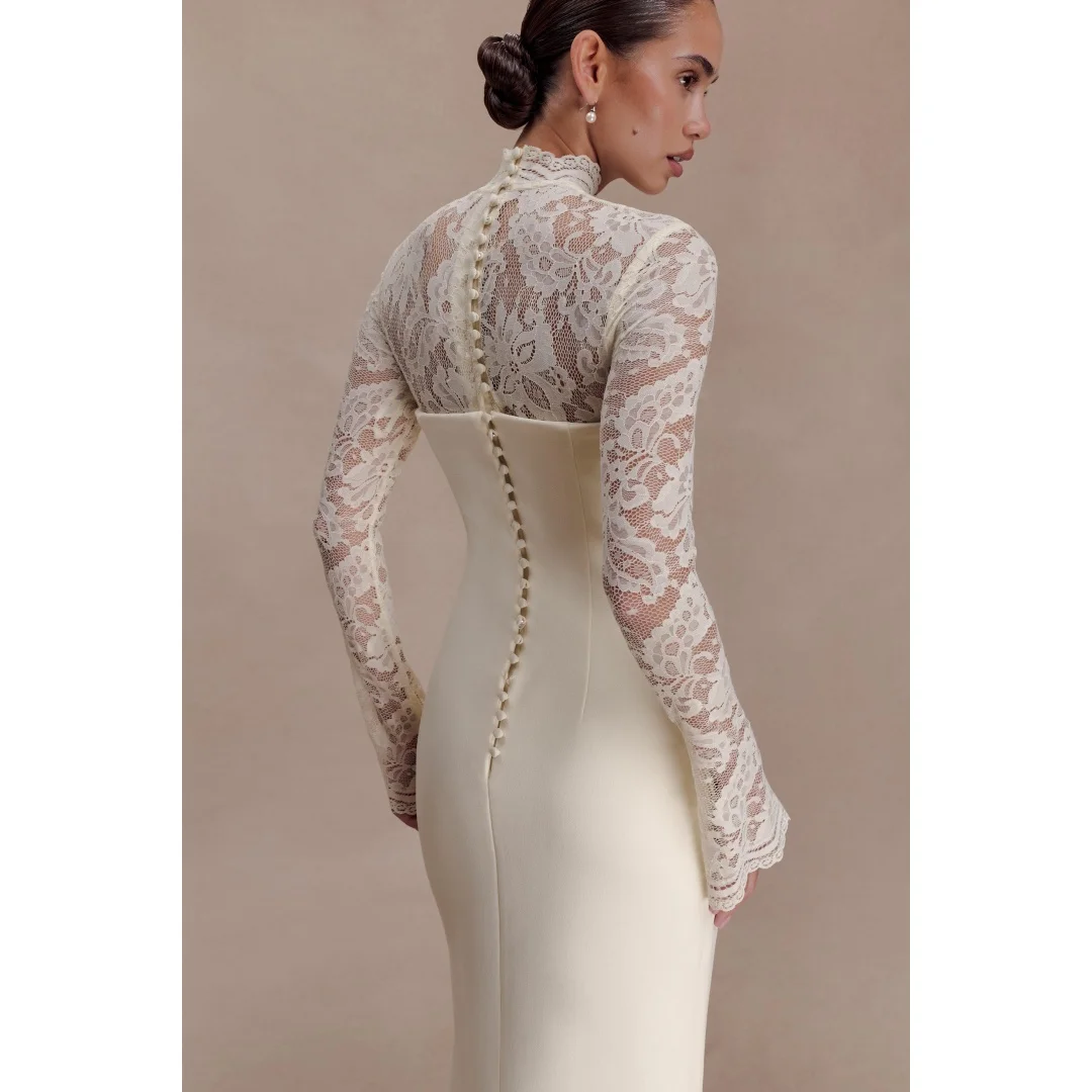Rebecca Customized High Neck Lace Embroidery Prom Dress Floor-Length vestidos de noche Waist Cinching Elegant Evening Dresses