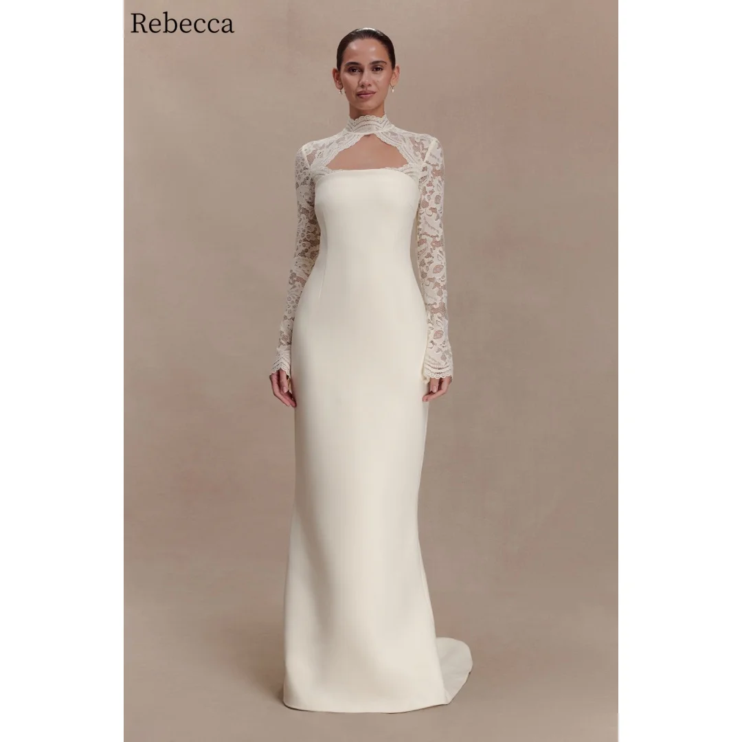 Rebecca Customized High Neck Lace Embroidery Prom Dress Floor-Length vestidos de noche Waist Cinching Elegant Evening Dresses