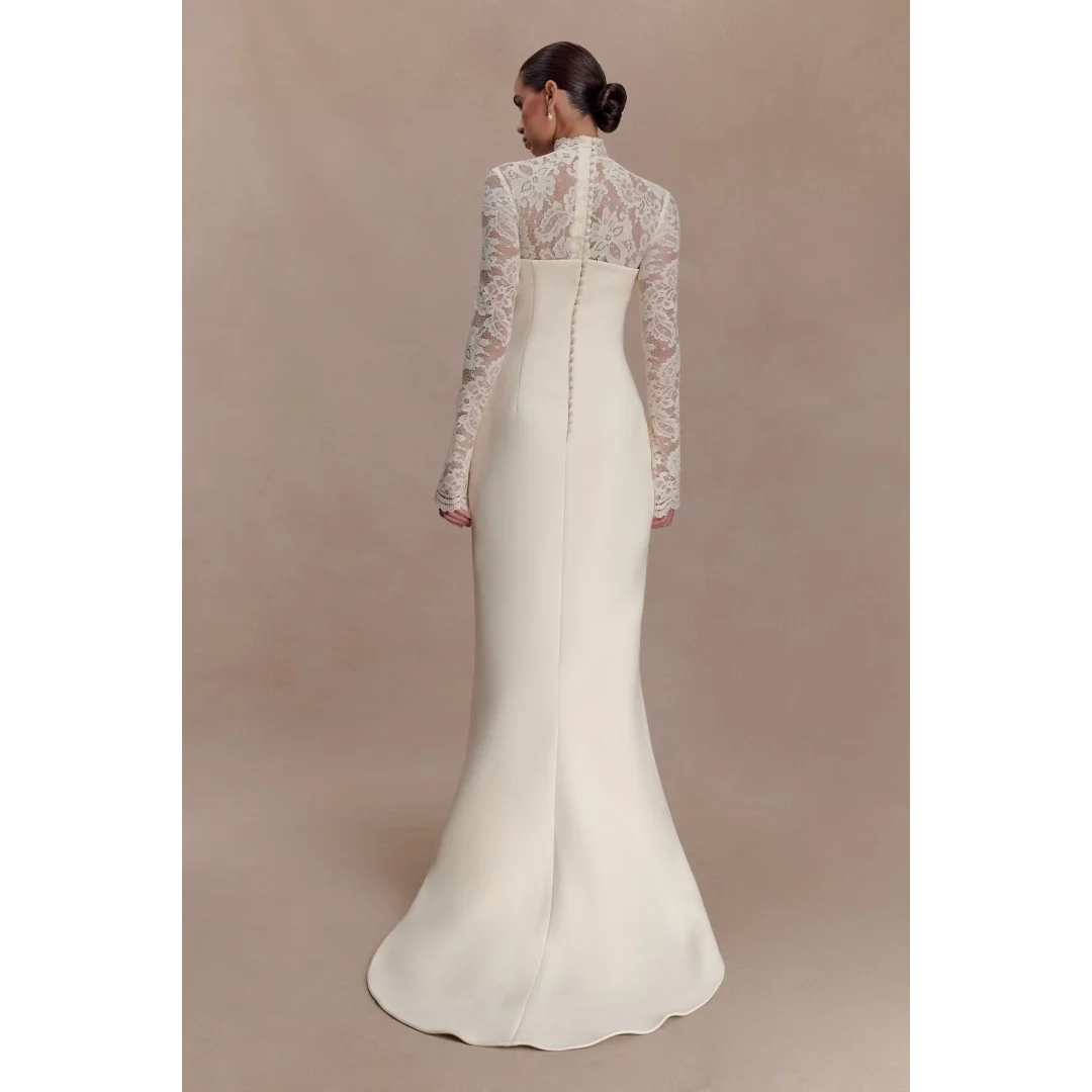Rebecca Customized High Neck Lace Embroidery Prom Dress Floor-Length vestidos de noche Waist Cinching Elegant Evening Dresses