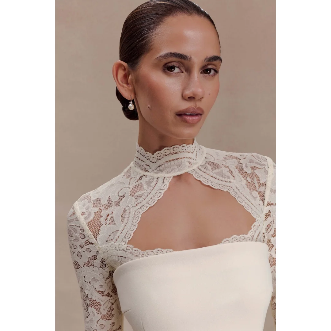 Rebecca Customized High Neck Lace Embroidery Prom Dress Floor-Length vestidos de noche Waist Cinching Elegant Evening Dresses