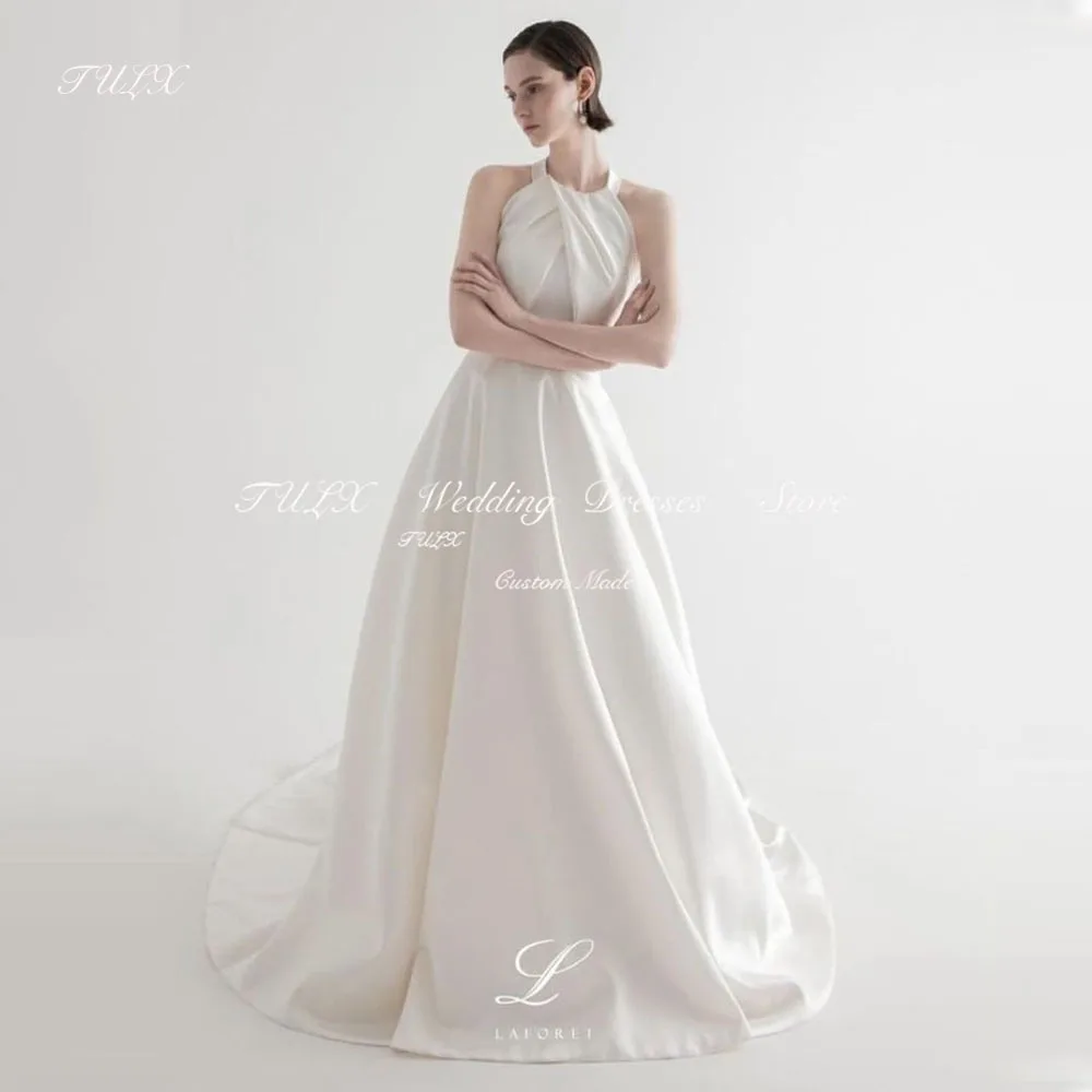 TULX Halter Satin Sleeveless Korea Wedding Photo Shoot Dress 웨딩드레스 Tulle Corset Back A line Long Elegant Bridal Gown Custom Made