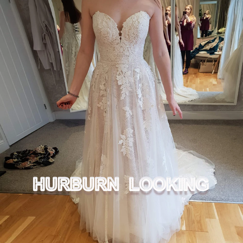HERBURN Mordern Halter Wedding Dresses for Women Lace Appliques Pocket Pearls Button Backless Bride Vestidos De Novia Customized