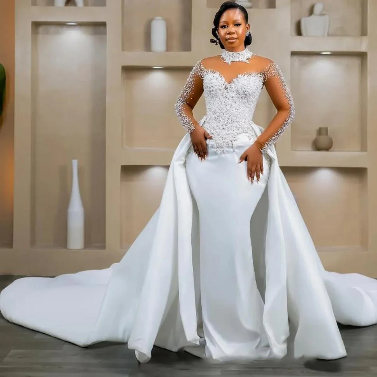 Elegant White Mermaid Lace Pearl Women's Wedding Dress Sexy High Neck Transparent Cuff Detachable Train Bridal Dress Customized