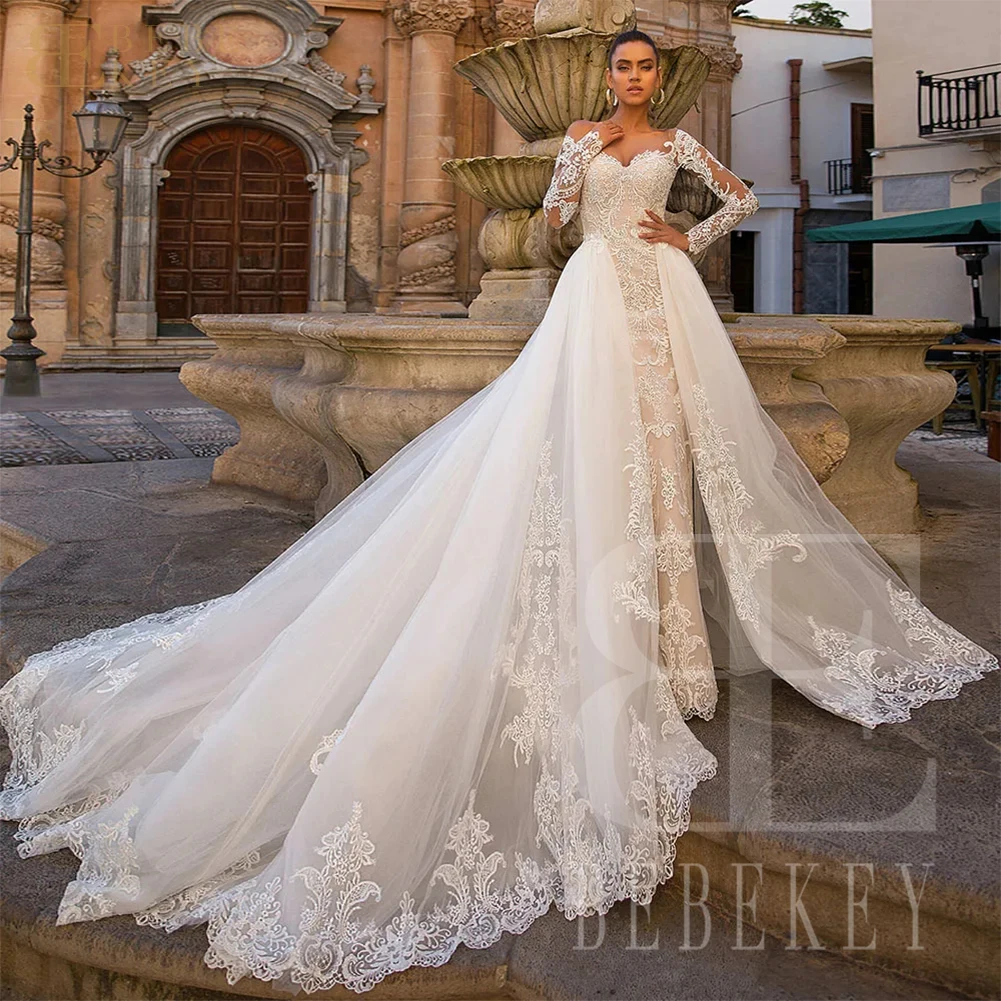 BEBEKEY Elegant Lace Wedding Dress With DetachableTrain Mermaid Wedding Party Gown Customized Bridal Dresses Formal Gowns