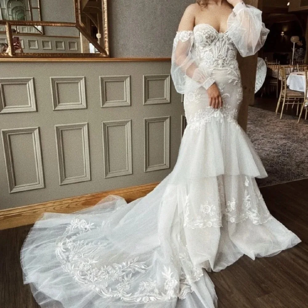 Princess  Sweetheart Mermaid Wedding Dresses Boho Appliques Long Sleeves Tiered Floor Length Lace Bridal Gowns Vestido De Novia