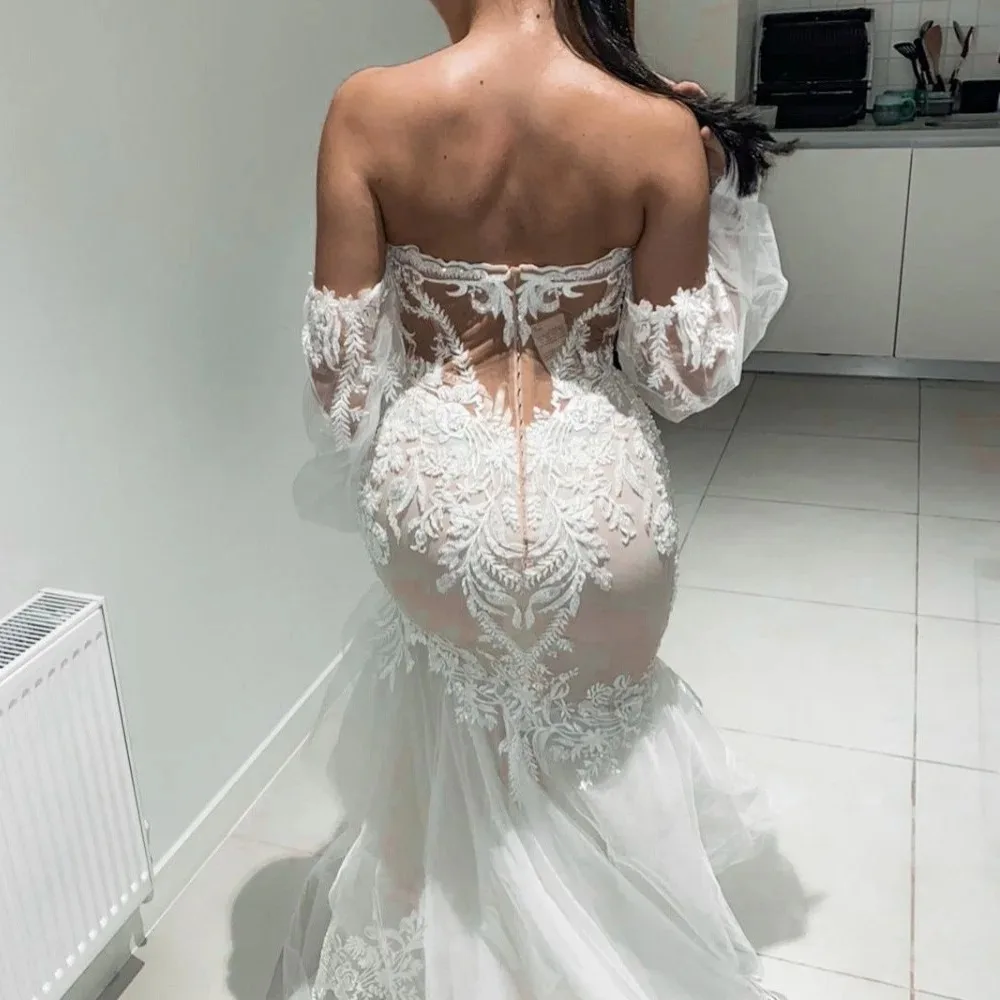 Princess  Sweetheart Mermaid Wedding Dresses Boho Appliques Long Sleeves Tiered Floor Length Lace Bridal Gowns Vestido De Novia