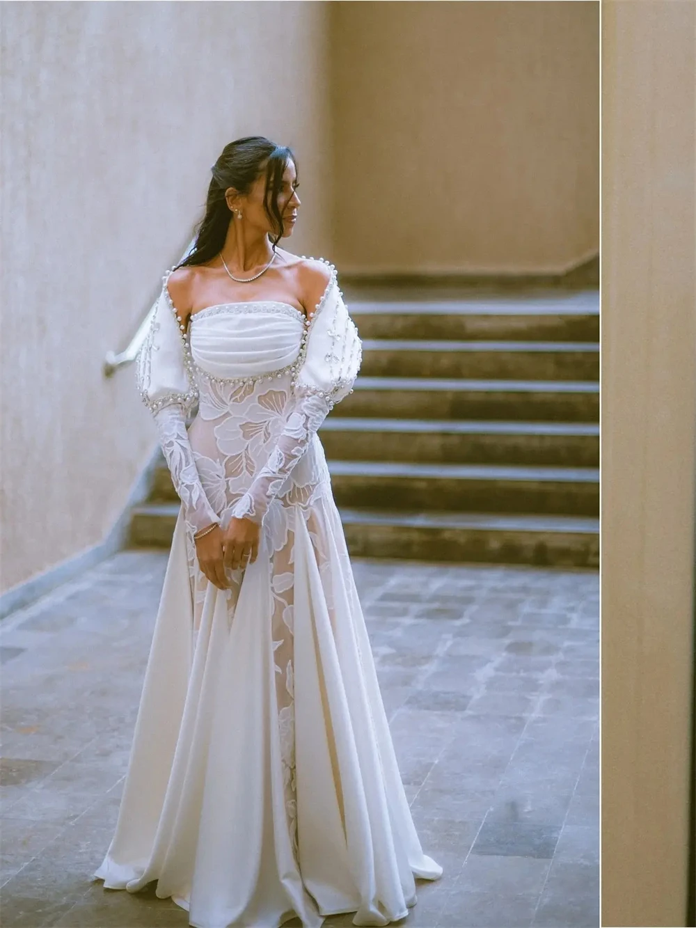 Rebecca Customized Elegant Strapless Pearls Wedding Dress Detachable Long Sleeves vestidos de noche Floor-Length Formal Evening