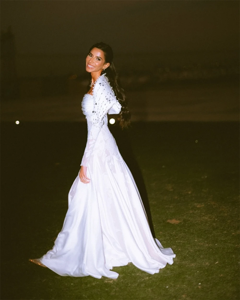 Rebecca Customized Elegant Strapless Pearls Wedding Dress Detachable Long Sleeves vestidos de noche Floor-Length Formal Evening