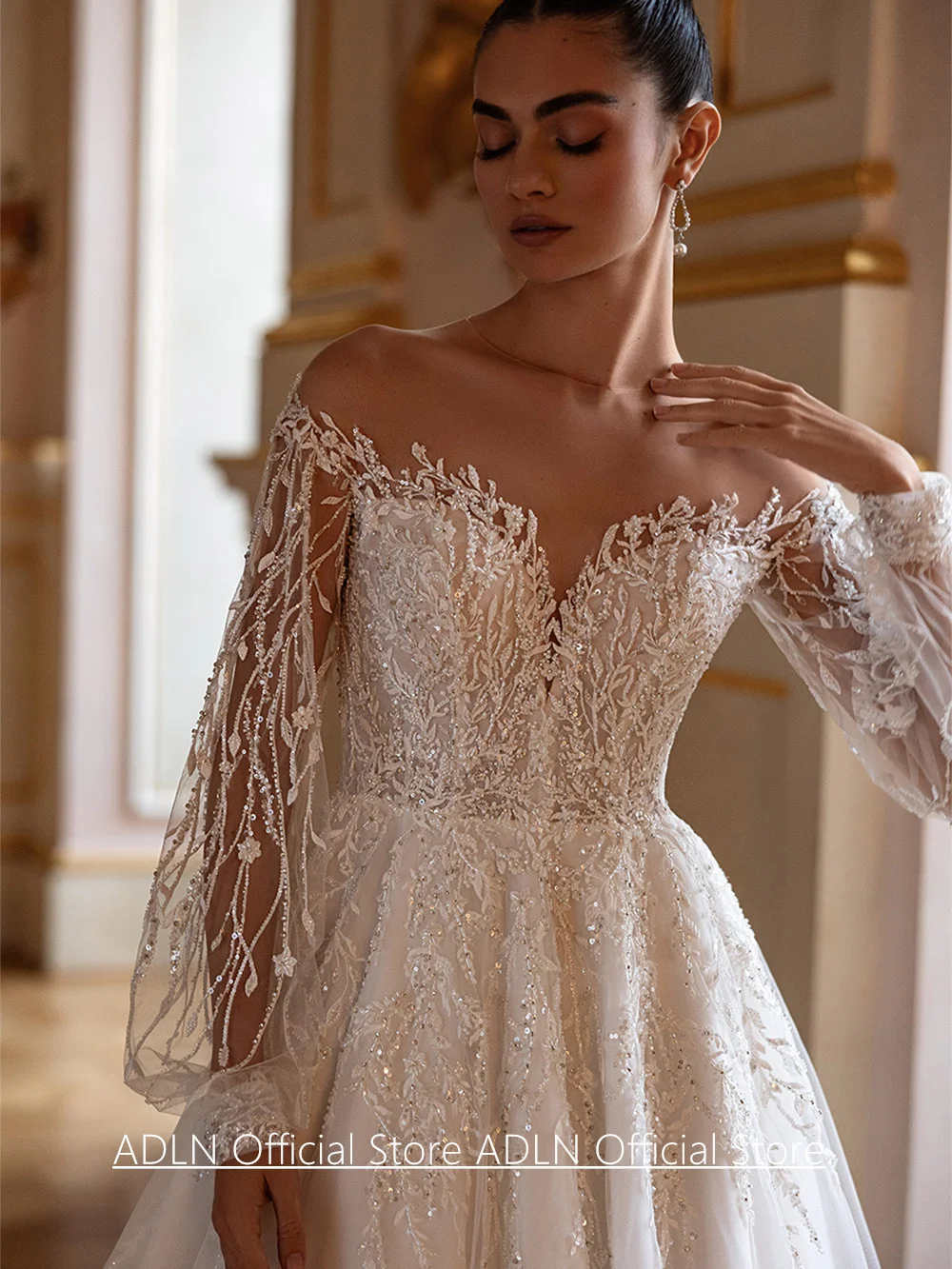 Wedding Dress Vestidos De Novia Customized Sheer Long Sleeves Sparkling Beading Applique Sweep Train Bridal Gown for Bride