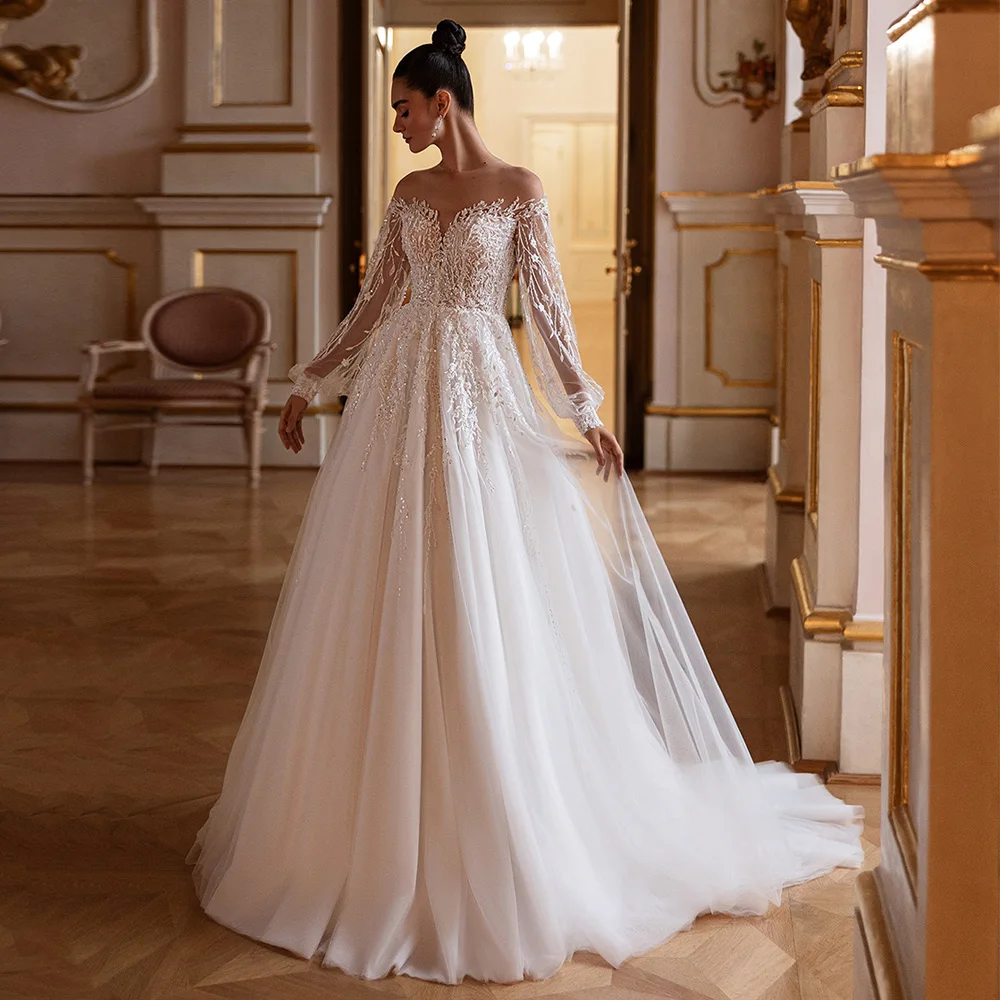 Wedding Dress Vestidos De Novia Customized Sheer Long Sleeves Sparkling Beading Applique Sweep Train Bridal Gown for Bride