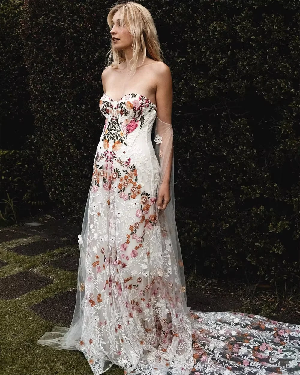 Kyoto Off Shoulder Colorful Floral Embroidery Wedding Dress Puffy Sleeves vestidos de novia Customized Low Back Bridal Gown 2025