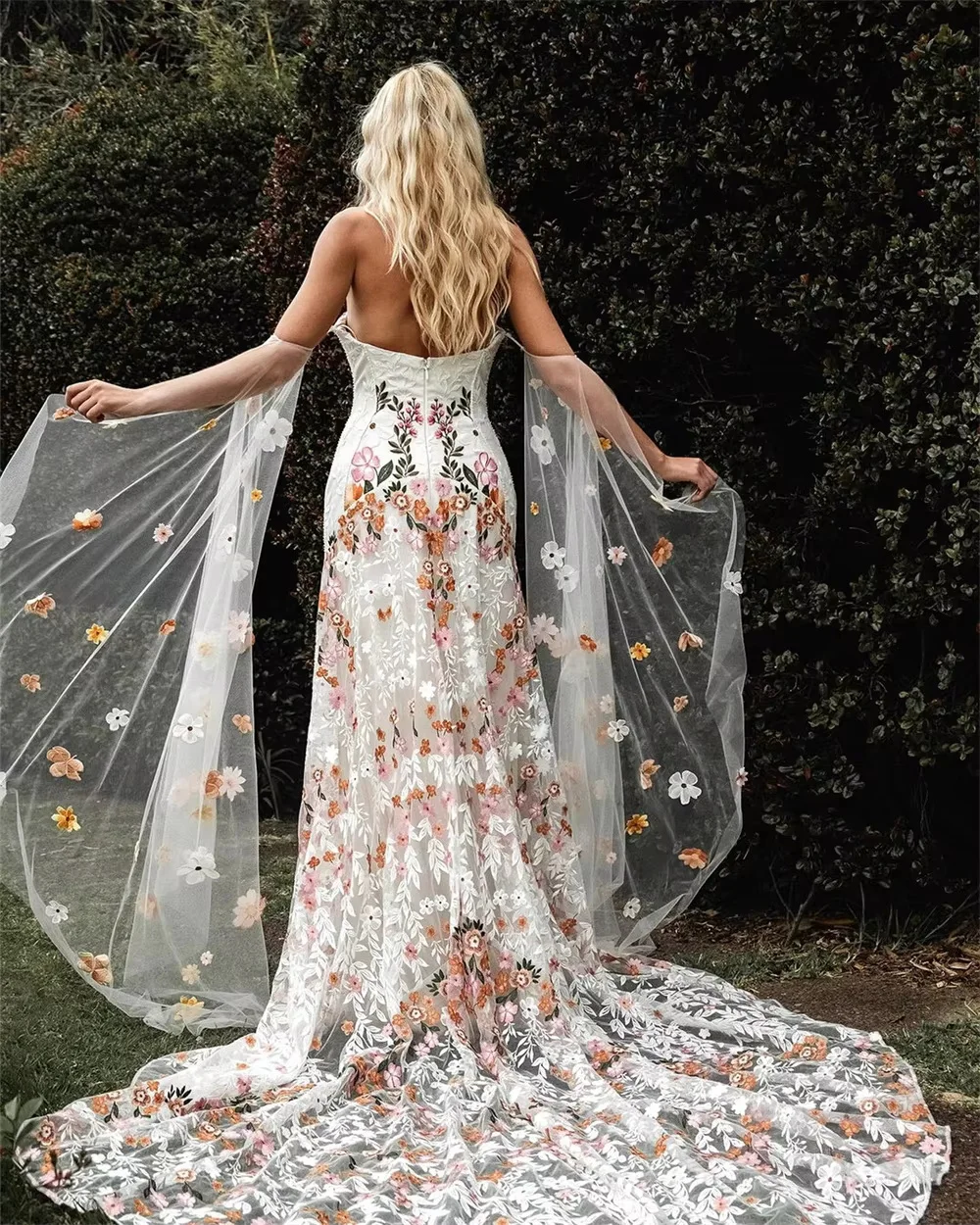 Kyoto Off Shoulder Colorful Floral Embroidery Wedding Dress Puffy Sleeves vestidos de novia Customized Low Back Bridal Gown 2025