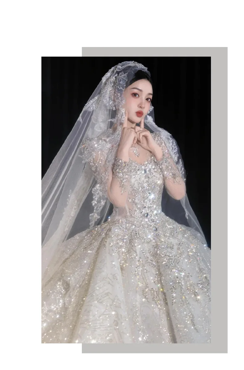 Full Sleeve Wedding Dresses Shinny Wedding Dress Classic High Neck With Brush Train Luxury Ball Gown Customized Party Dress