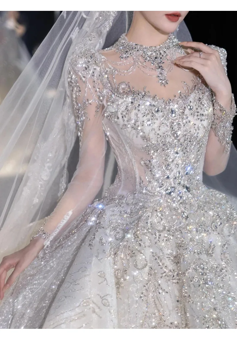 Full Sleeve Wedding Dresses Shinny Wedding Dress Classic High Neck With Brush Train Luxury Ball Gown Customized Party Dress